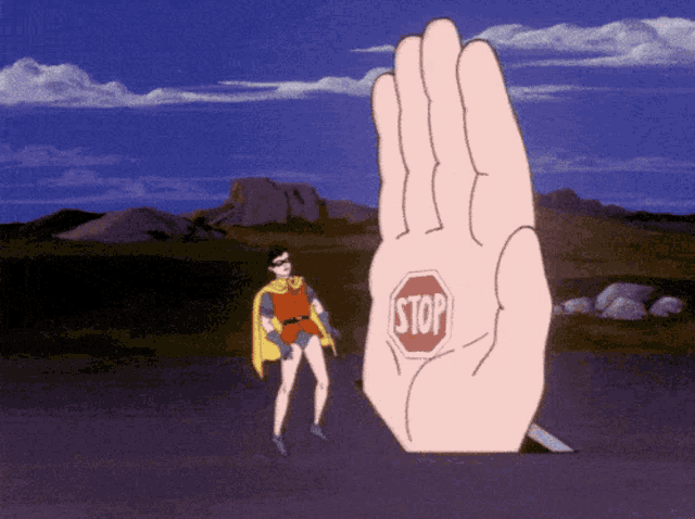 a cartoon robin stands in front of a large stop sign
