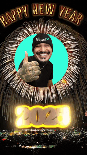 a picture of a man giving a thumbs up in front of fireworks and the year 2025