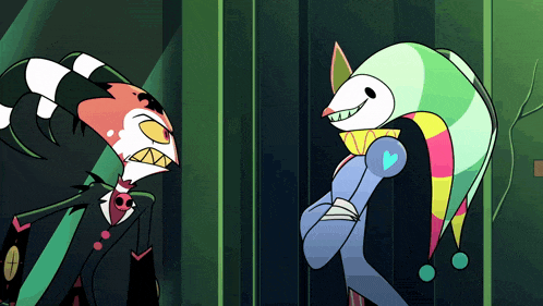 two cartoon characters are standing next to each other and one is wearing a clown hat