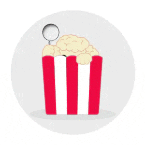 a cartoon poodle is sitting in a striped bucket of popcorn with a magnifying glass .