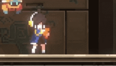 a pixel art of a girl in a blue dress holding a sword .