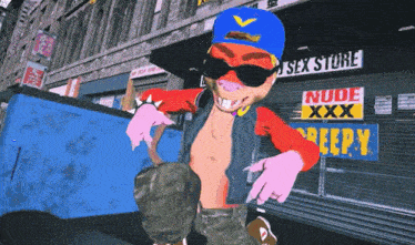 a cartoon character is standing in front of a store that says nude xxx