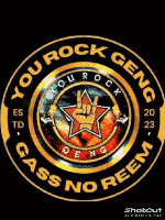 a sign that says " you rock geng " with a hand gesture in the center