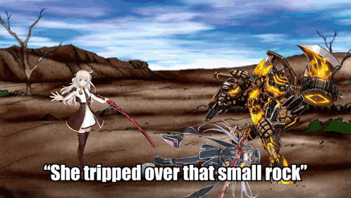 a cartoon of a girl with a sword standing next to a robot that says she tripped over that small rock
