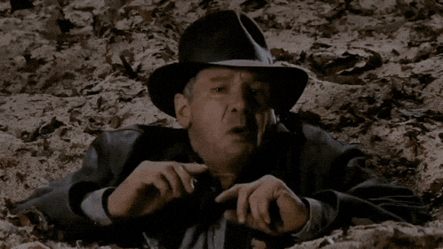 a man in a hat is laying in the dirt