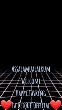 a picture of a woman wearing headphones with the words assalamualaikum welcome happy tasking la clique official at the bottom