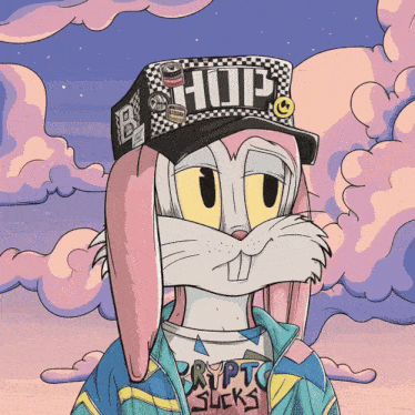 a cartoon of bugs bunny wearing a hat that says huf on it