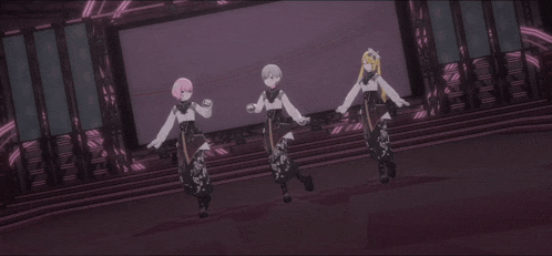 three anime characters are dancing on a stage in a dark room