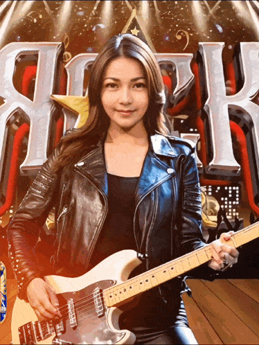 a woman in a leather jacket holding a guitar in front of a sign that says rock