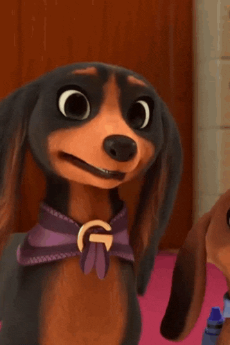 a cartoon dog with a purple scarf around its neck has a g on its collar