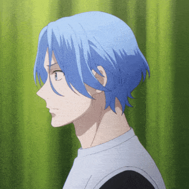 a close up of a person 's head with blue hair