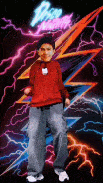 a man in a red shirt is dancing in front of a neon sign that says disco