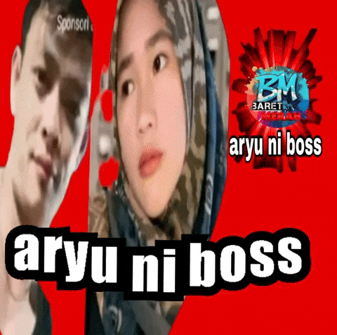 a man and a woman are standing next to each other with the words aryu ni boss written on the bottom