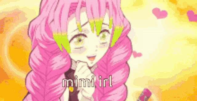a pixel art of a girl with pink hair and the words mimi irl