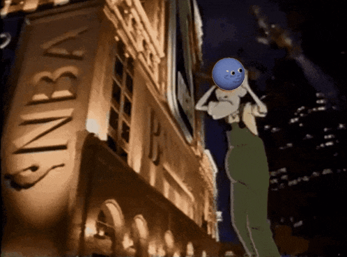a cartoon character is standing in front of a building that says sinba on it