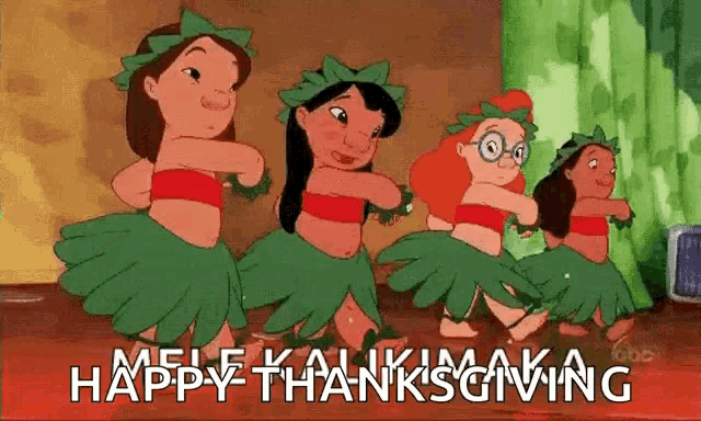 a cartoon of a group of girls dancing with the words happy thanksgiving below them