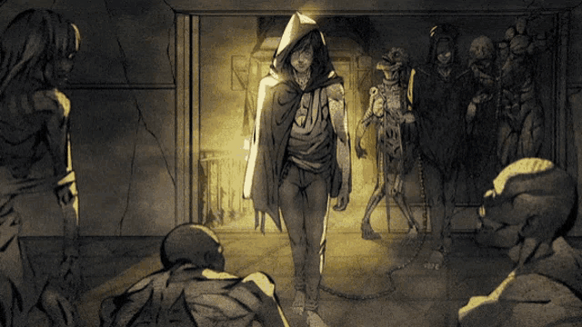 a drawing of a man in a hooded cape standing in a hallway