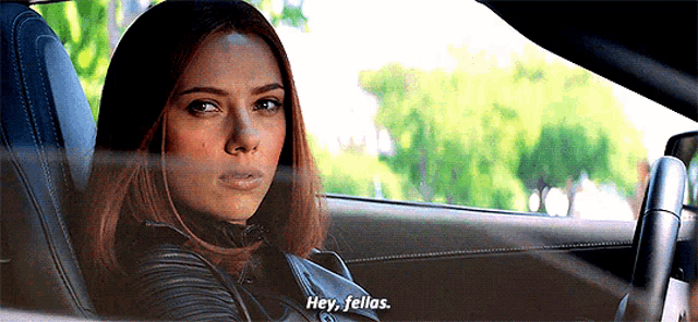 a woman is sitting in a car and says hey fellas .