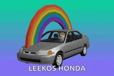 a silver honda car with a dog in the driver 's seat and a rainbow in the background