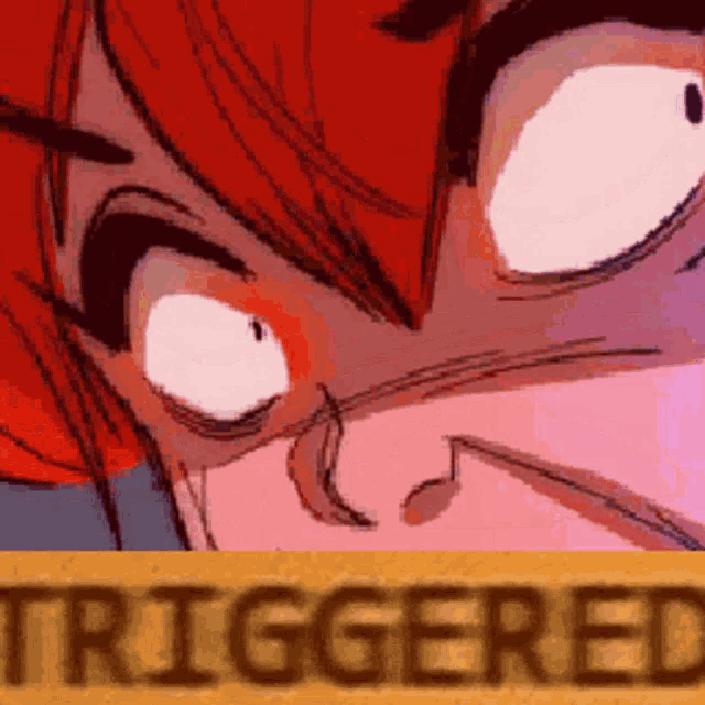 a close up of a cartoon character 's face with the word triggered written in the corner .