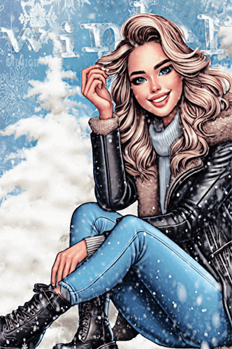 a drawing of a woman sitting in the snow with the word winter behind her