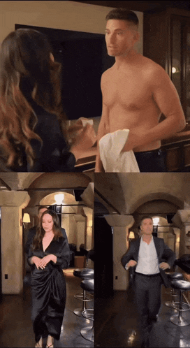 a man without a shirt is standing next to a woman in a dress