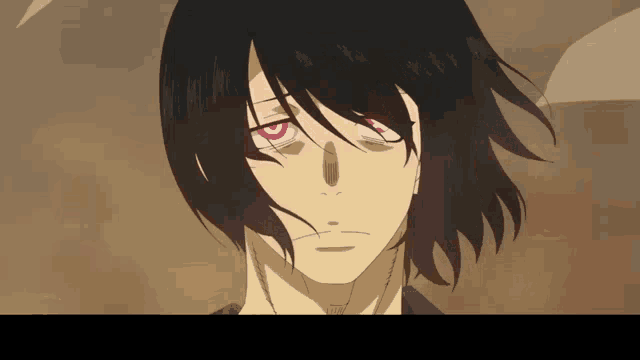a close up of a cartoon character with red eyes
