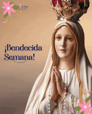 a statue of a woman with a crown on her head is surrounded by pink flowers and the words bendida semana