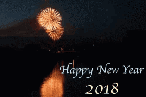 a happy new year 2018 card with fireworks displayed in the background