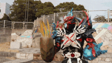 a person in a costume with a sword and shield