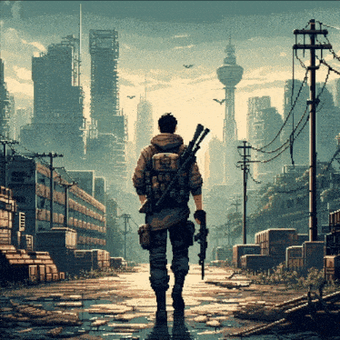 a pixel art illustration of a man holding a gun