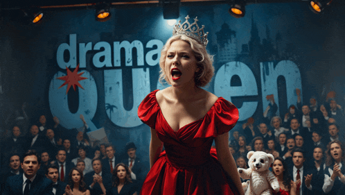 a woman in a red dress is holding a teddy bear in front of a sign that says " drama queen "