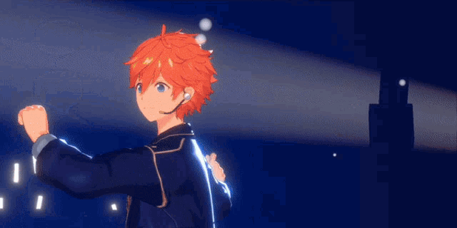 a boy with orange hair is wearing a headset