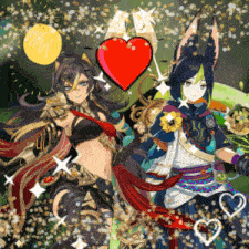 two anime characters are standing next to each other with a red heart in the middle