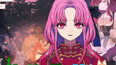 a girl with pink hair and red eyes is wearing a red military uniform