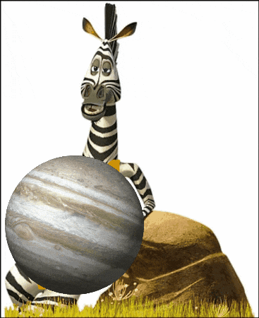 a cartoon zebra holding a large planet in its mouth