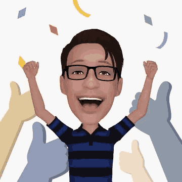 a cartoon of a man with his arms in the air surrounded by thumbs ups