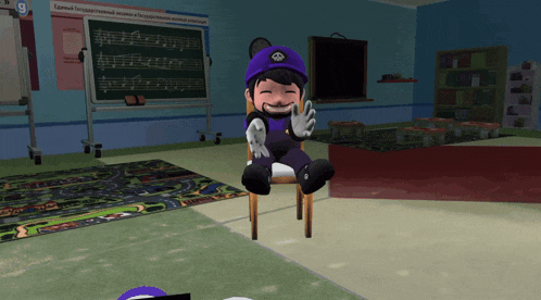 a cartoon character is sitting in a chair in front of a blackboard that says g on it