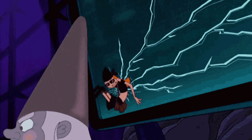 a cartoon character is standing next to another cartoon character on a purple surface .