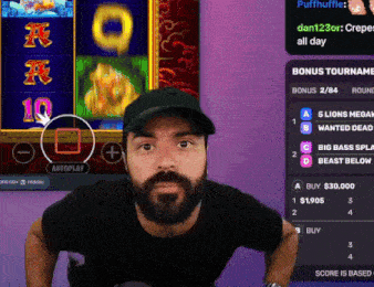 a man with a beard is squatting in front of a screen that says autoplay