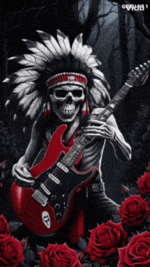 a skeleton wearing a native american headdress playing a red guitar