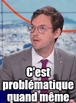 a man in a suit and tie with glasses and the words c'est problemmatique quand meme