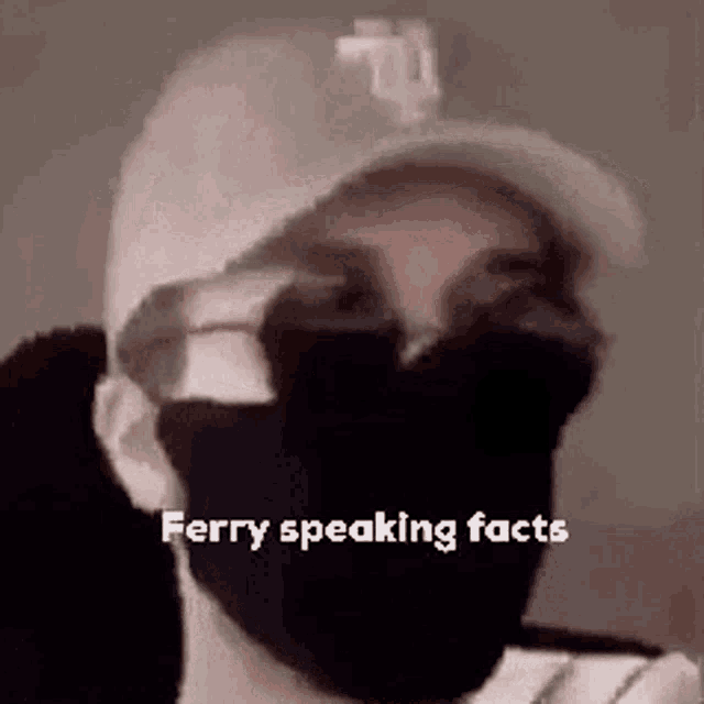 a man wearing a baseball cap and a mask is talking about ferry speaking facts .
