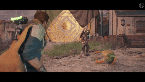a man holding a gun in a video game with the letter r on the bottom left