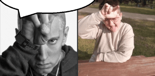 a black and white photo of a man making a peace sign next to a picture of a boy making a funny face