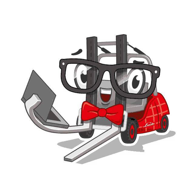 a cartoon of a forklift wearing glasses and a red bow tie