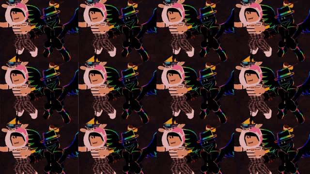 a repeating pattern of cartoon characters including a boy in a party hat