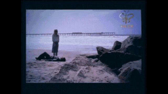a tv screen shows a woman standing on a beach next to a body of water