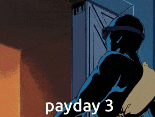 a cartoon of a man holding a bag with the words payday 3 written on it