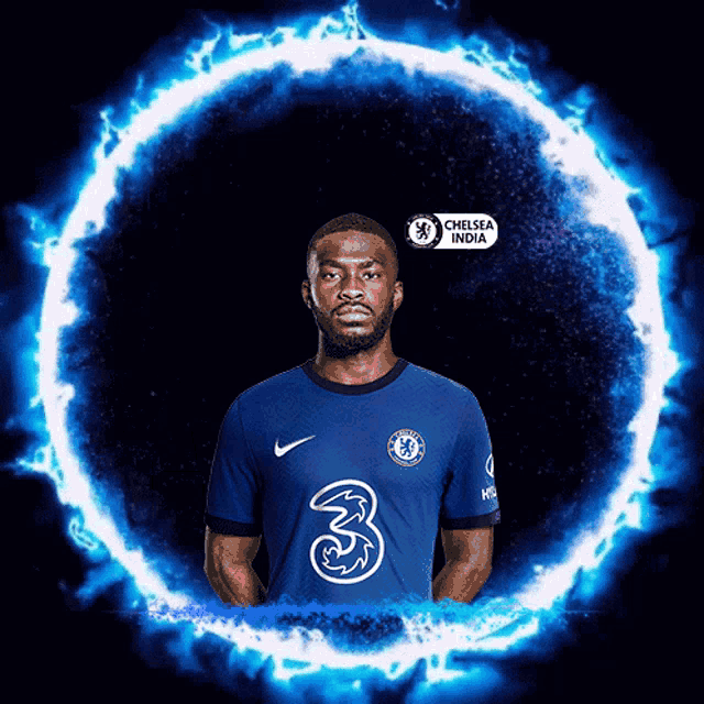a man in a blue shirt with the number 3 on the front